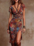 Womens Boho Floral Ruched High Slit V Neck Midi Dress