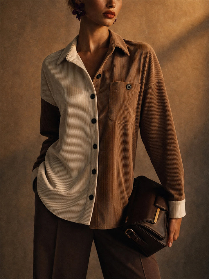 Women Color Block Corduroy Button Down Oversized Shirt