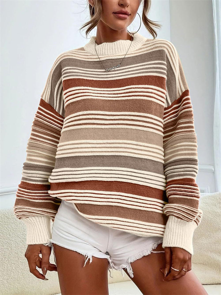 Women's Autumn Loose Rainbow Color Striped Round Neck Sweaters