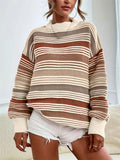 Women's Autumn Loose Rainbow Color Striped Round Neck Sweaters
