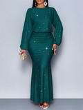 Women's Elegant Glitter Long Sleeve Pleated Fishtail Maxi Evening Dresses