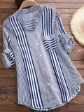 Women's Summer Stripe Patchwork Button Up Lapel Short Sleeve Shirt