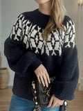 Women's Retro Jacquard Contrast Color Round Neck Long Sleeve Sweater
