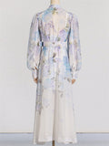 French Style Purple Elegant Floral Print Long Sleeve Button Maxi Dress for Women