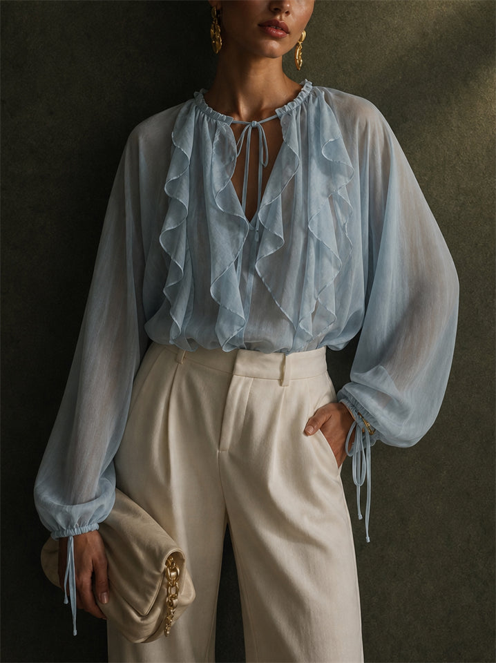 Womens Elegant Sheer Ruffle Tie V Neck Puff Sleeve Blouse