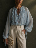 Womens Elegant Sheer Ruffle Tie V Neck Puff Sleeve Blouse