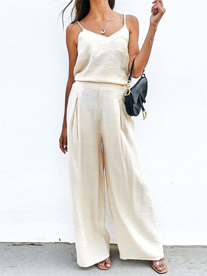 Summer Holiday Style Solid Color Strap Top & Pants Set for Women