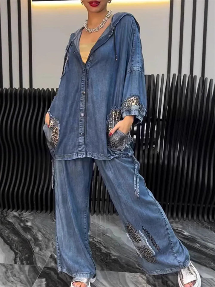 Women's 2Pcs Leopard Print Patchwork Denim Hoodie Top & Pants Set