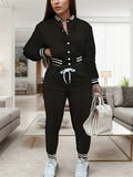 Women's Button Up Baseball Collar Striped Trim Cropped Top and Jogger Pants TrackSuit Set