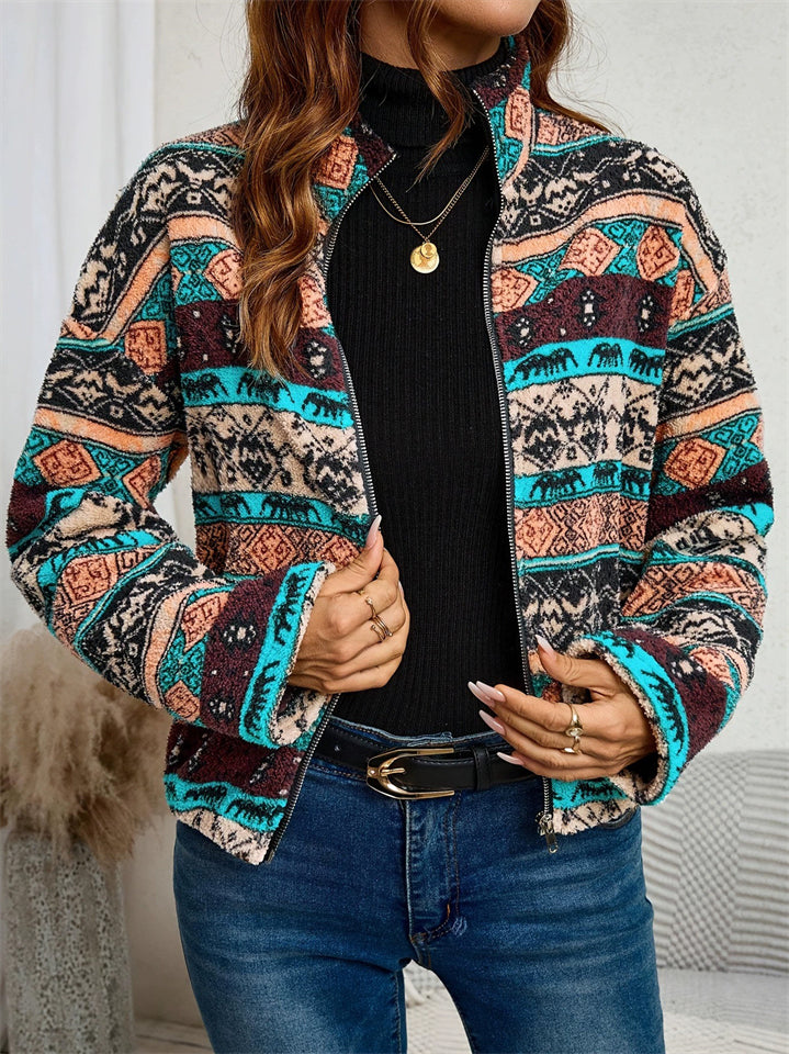 Women's Autumn Vintage Printed Zip Up Stand Collar Cardigan Coats