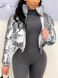 Women's Winter Elegant Trendy Zip Up Glossy Cropped Puffer Coats