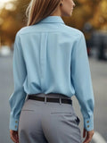 Women's Elegant Blue Solid Color Button Up Lapel Long Sleeve Blouses