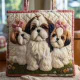 Quilted Shih Tzu Dogs Print Floral Tote Bag