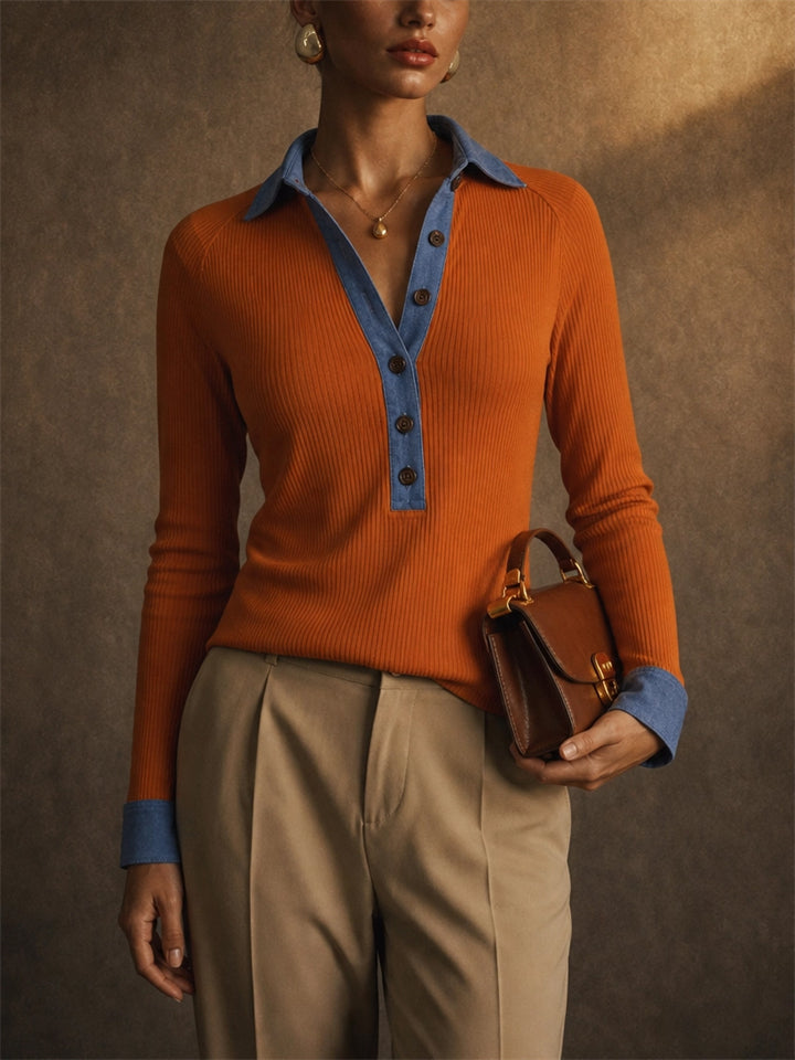Women Long Sleeve Denim Contrast Polo Ribbed Henley Shirts