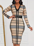 Women's Trendy Plaid V Neck Long Sleeve Split Slim Fit Dress