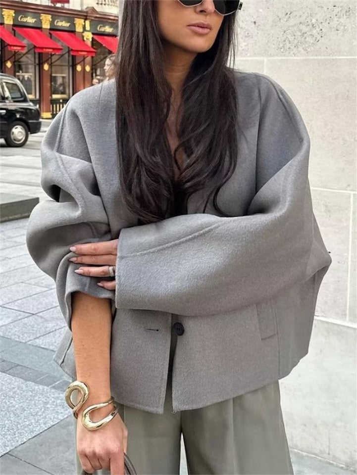 Women's Trendy Solid Color V Neck Single Breasted Coat