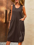 Cotton Linen Sleeveless Loose U Neck Dress for Women