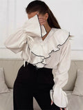 Women's French Style White Contrast Trim Ruffled V-Neck Blouses