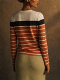 Women Color Block Striped Long Sleeve Crew Neck T Shirts