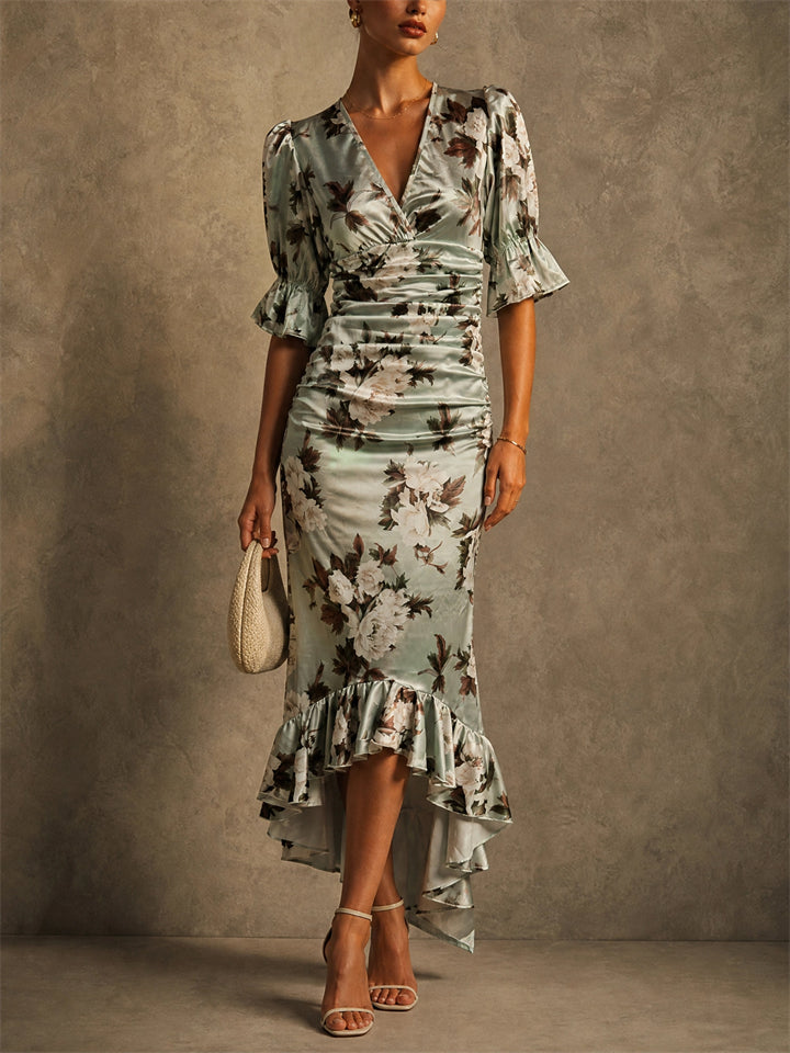 Women Elegant Floral Ruched V Neck High Low Ruffle Wedding Guest Dress