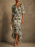 Women Elegant Floral Ruched V Neck High Low Ruffle Wedding Guest Dress