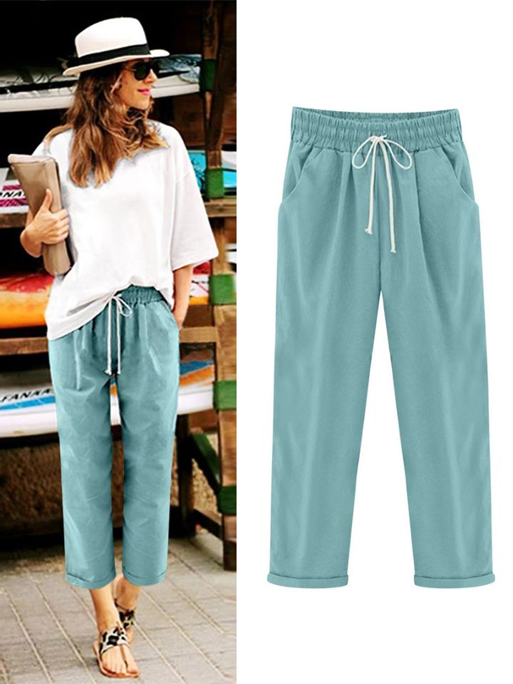 Summer Fashion High Waist Drawstring Loose Casual Pants for Women