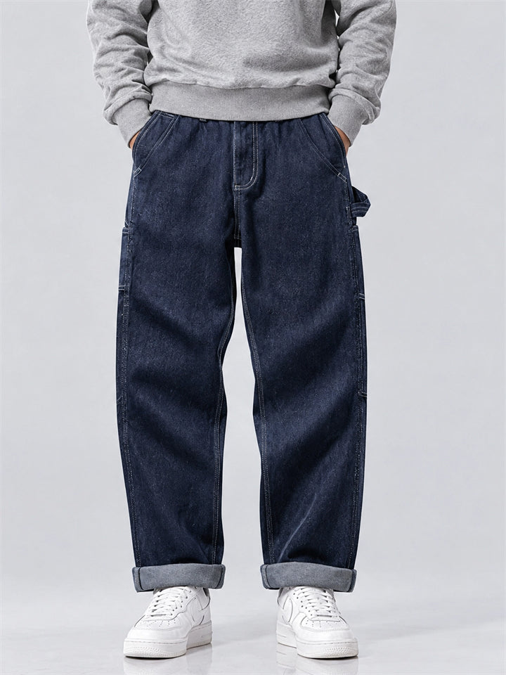 Men Loose Fit Wide Leg Denim Carpenter Jeans Work Pants
