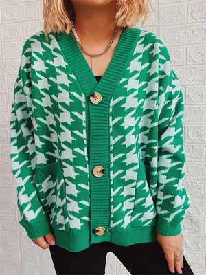 Women's Contrast Color Houndstooth Single Breasted Cardigan Sweater