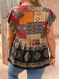 Plus Size Women's Summer Contrast Color Printed Round Neck Shirt
