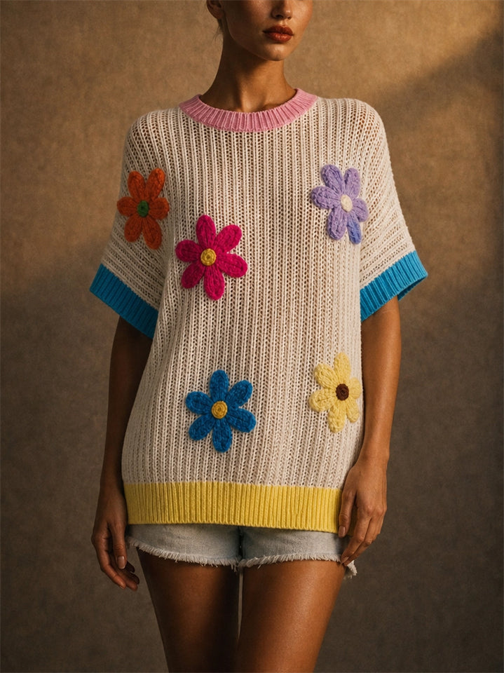 Women Colorful 3D Floral Applique Short Sleeve Knit Top