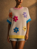 Women Colorful 3D Floral Applique Short Sleeve Knit Top