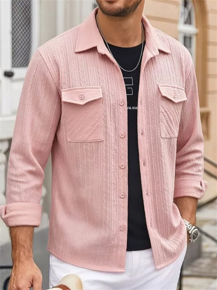 Men's Spring Casual Texture Jacquard Long Sleeve Shirt with Pockets