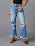 Street Ripped Holes Raw Edge Light Blue Jeans for Women