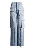Korean Style Women's Wide Leg Cargo Ripped Denim Pants