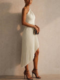 Women White One Shoulder Pleated Asymmetric Cocktail Dress