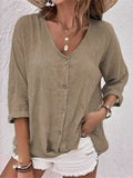 Casual Solid Color Loose Button Up V Neck Blouses for Women