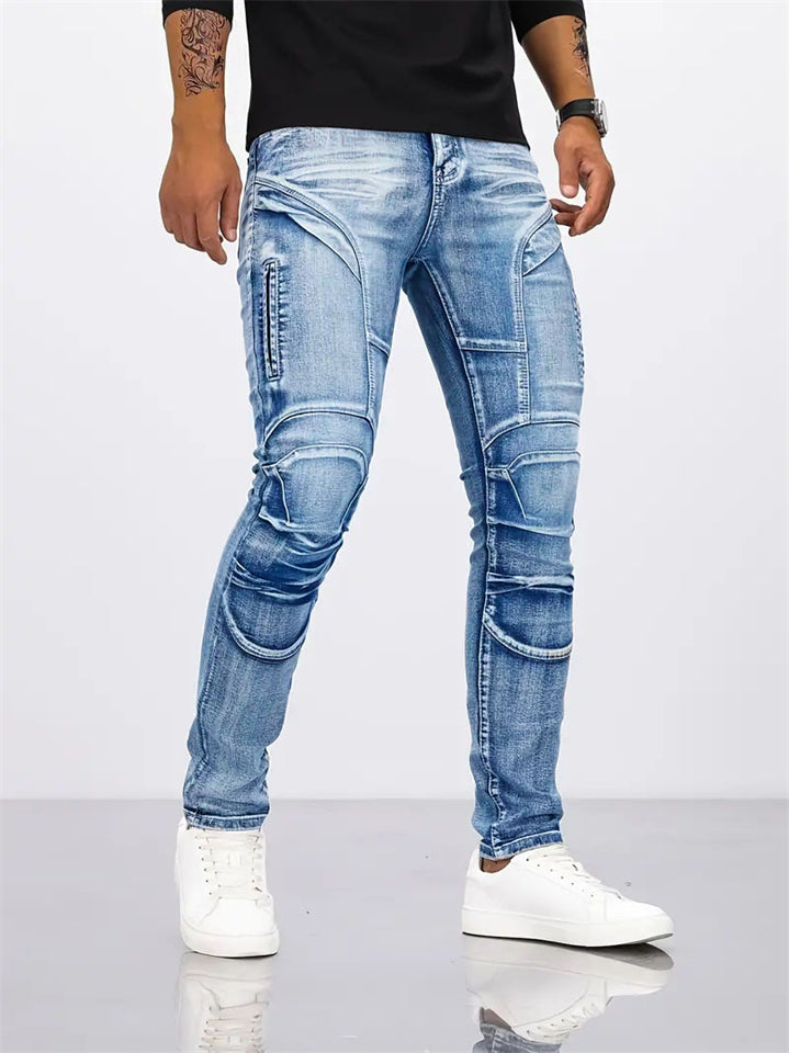 Men's Denim Motorcycle Mid Waist Skinny Jeans