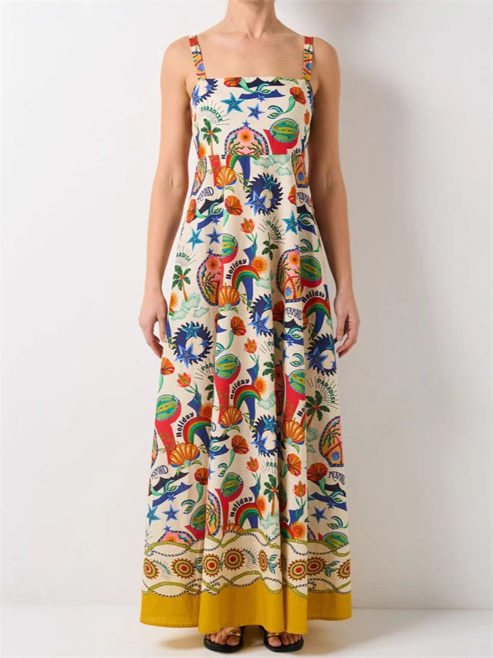 Women's Summer Trendy Printed Big Hem Strap Maxi Dress