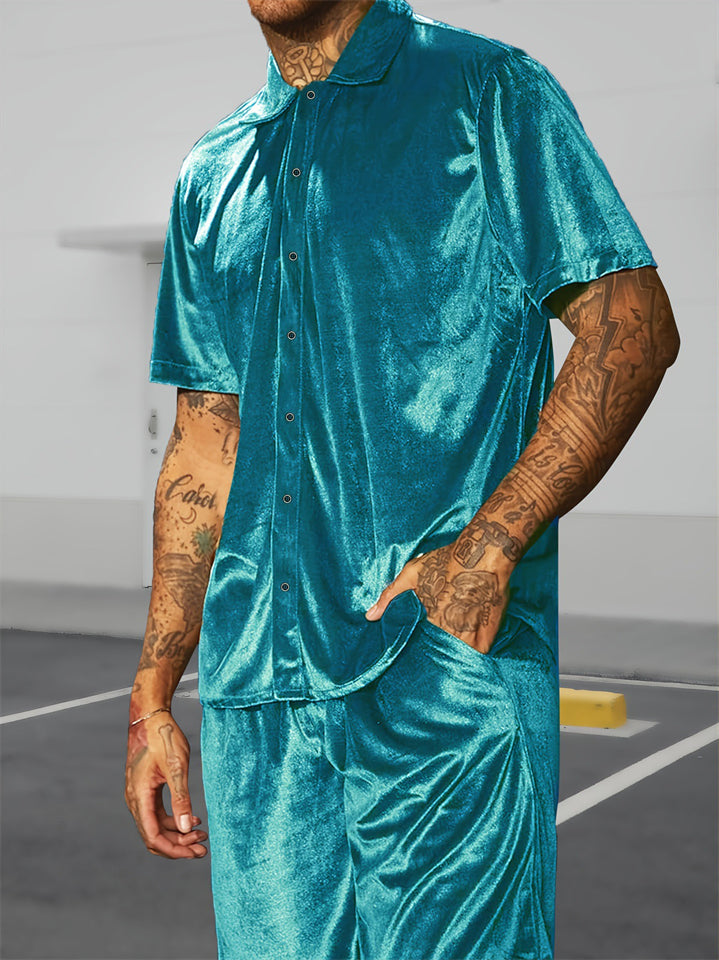 Summer Short Sleeved Button Up Velvet Outfits for Men