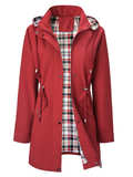 Women's Autumn Contrast Color Drawstring Waist Plaid Lining Hooded Trench Coat