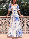 Women's Flower Printed Square Neck Lantern Sleeve Dresses