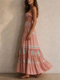 Women Floral Boho Smocked Spaghetti Strap Tiered Maxi Dress