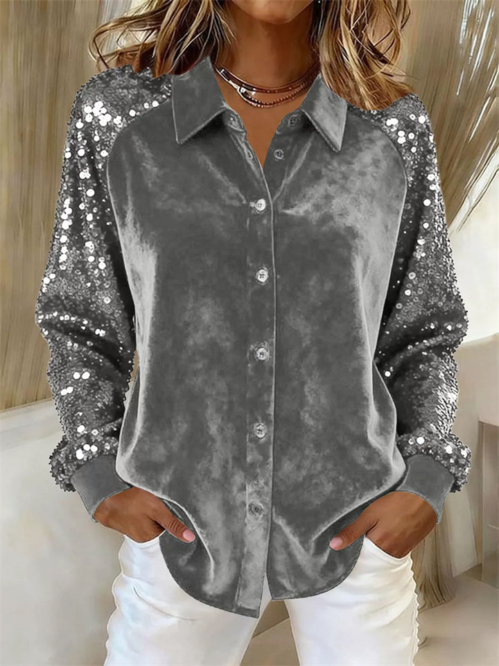 Autumn Velvet Sequin Sleeve Patchwork Button Up Casual Blouses for Women