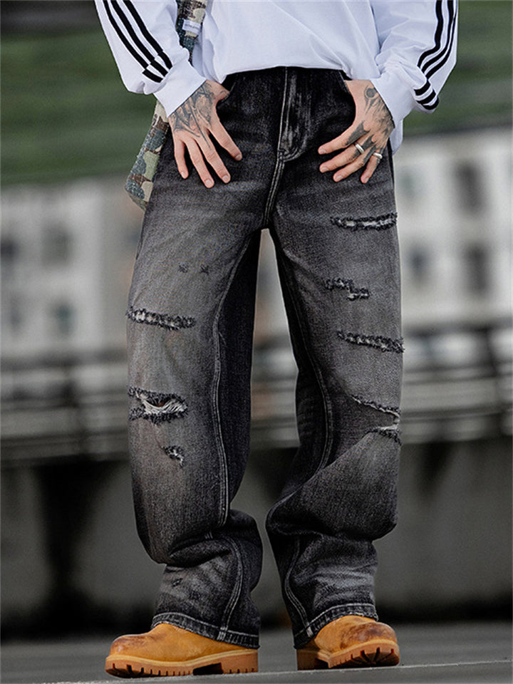 Men's Streetwear Loose Fit Distressed Washed Ripped Denim Jeans