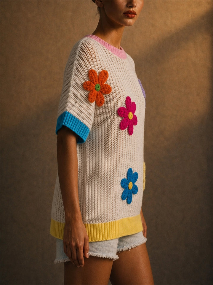 Women Colorful 3D Floral Applique Short Sleeve Knit Top