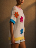 Women Colorful 3D Floral Applique Short Sleeve Knit Top