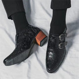 Men's Vintage Paisley Pattern Metal Buckle Chunky Heel Dress Shoes