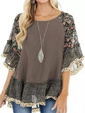 Women's Summer Casual Floral Print Patchwork BatWing Sleeve Shirts