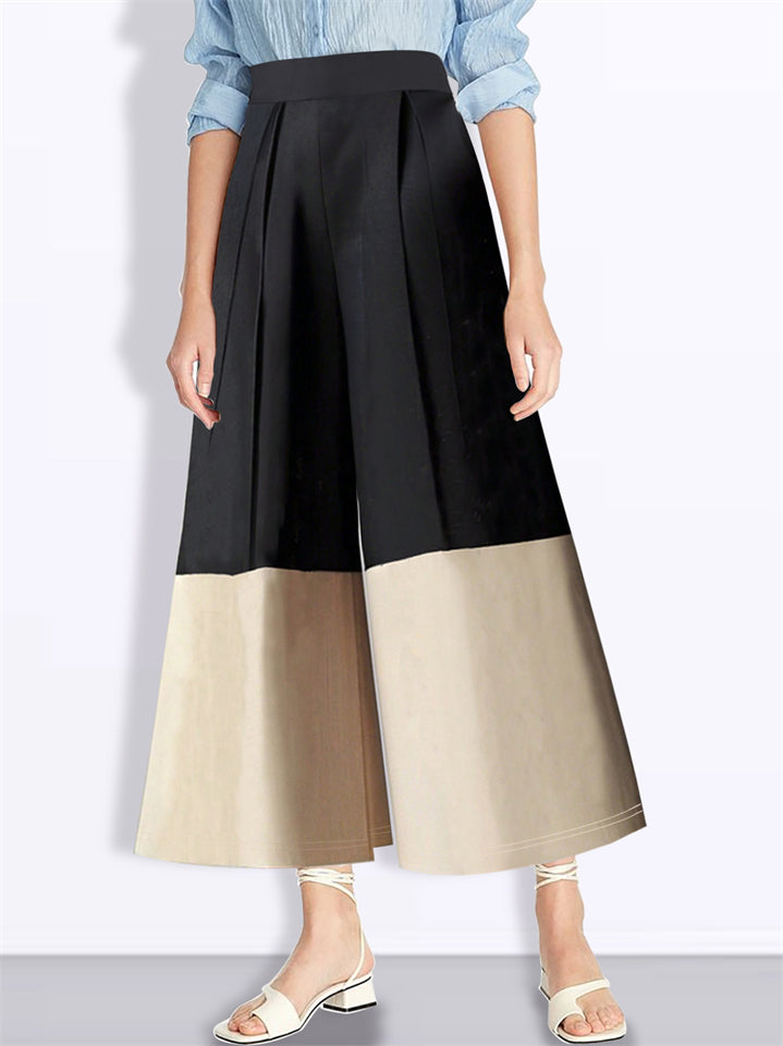 Women's High Waist Contrast Color Pleated Wide Leg Pants