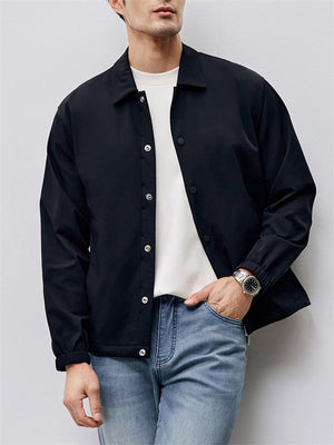 Retro Men's Button Long Sleeve Waist Length Solid Color Lapel Coat Black